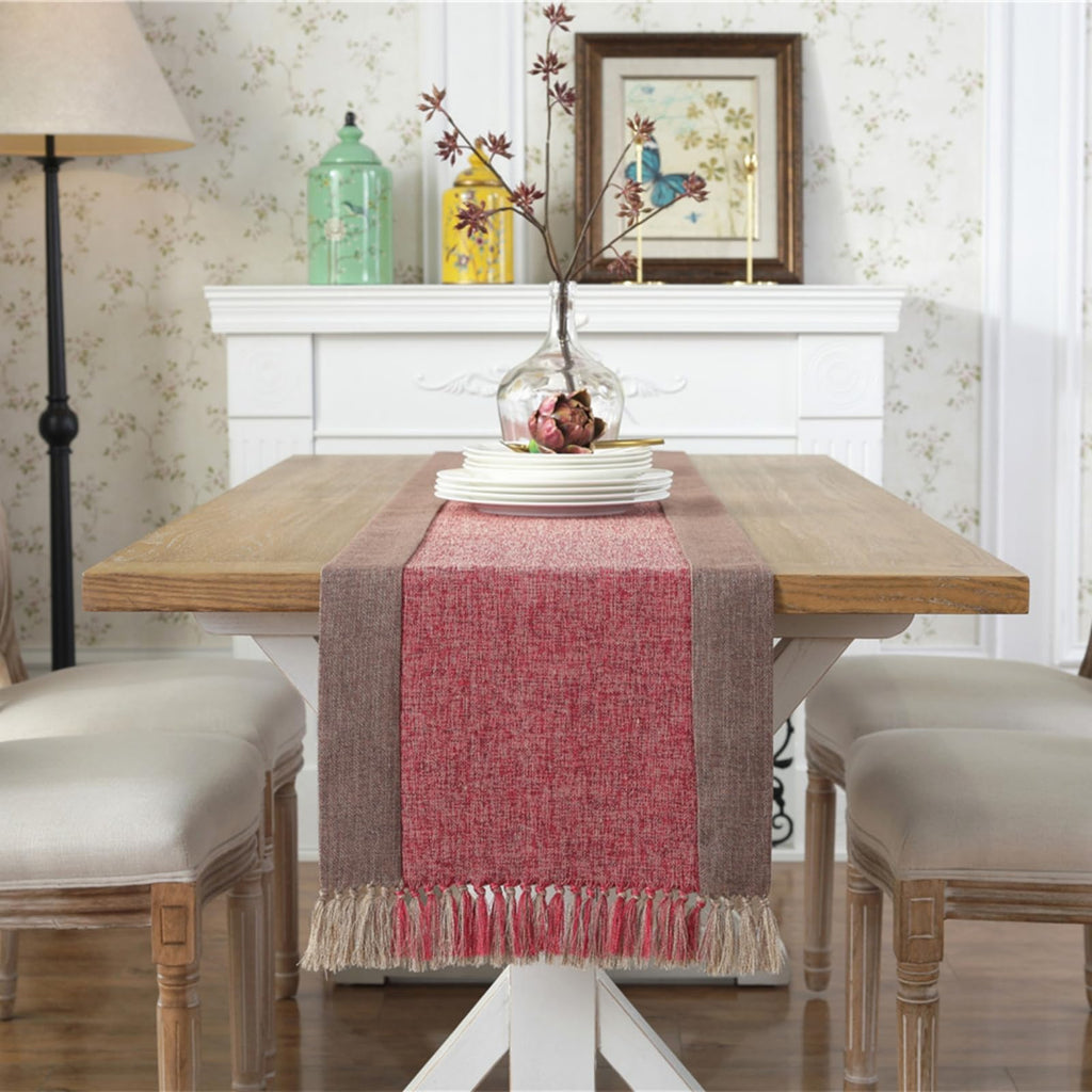 Cotton Linen Farmhouse Style Table Runner (15 x 72 Inch, Red)
