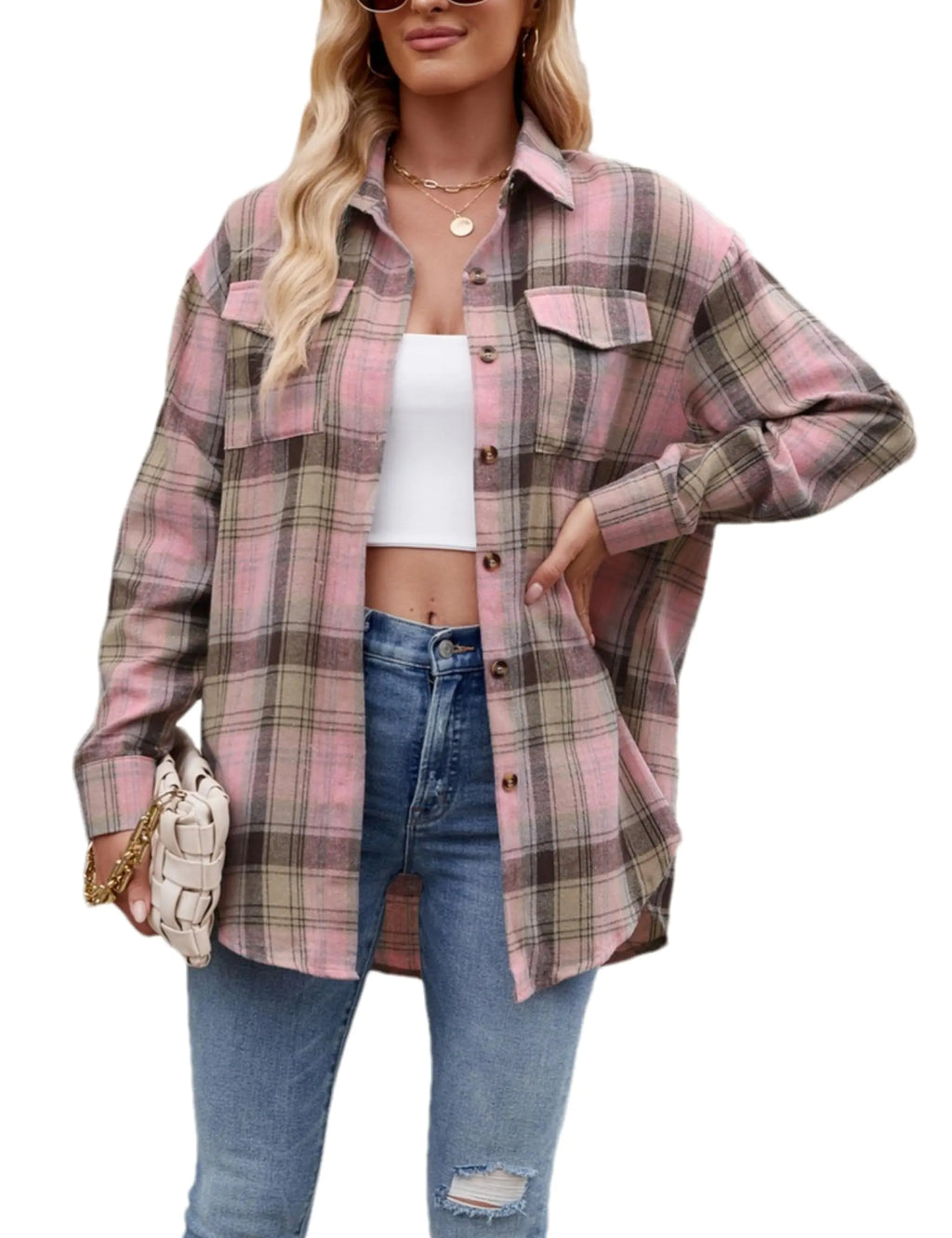 Women's Lightweight Oversized Flannel Shacket (Light Pink-XL)