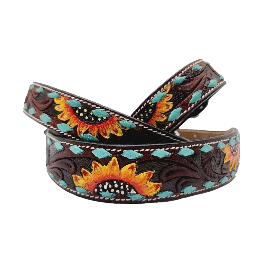 Hand-Painted Leather Turquoise and Sunflower Dog Collar (Large)