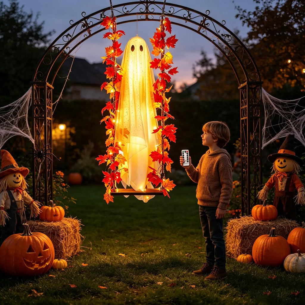 3.94ft Swinging Light Up Ghost Outdoor Yard Decoration Hanging Spooky Prop Tree Porch Garden Halloween Animated Party Supplies