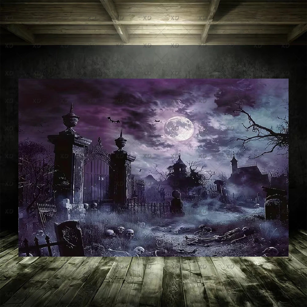 Halloween Spooky Graveyard Backdrop Moonlight Haunted Cemetery Photography Background Party Decoration Photo Booth Banner Props
