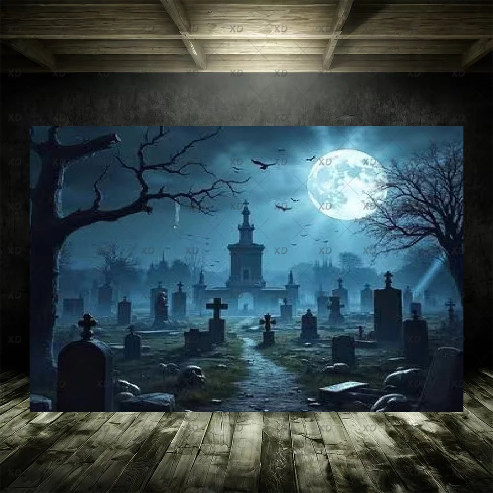 Halloween Spooky Graveyard Backdrop Moonlight Haunted Cemetery Photography Background Party Decoration Photo Booth Banner Props