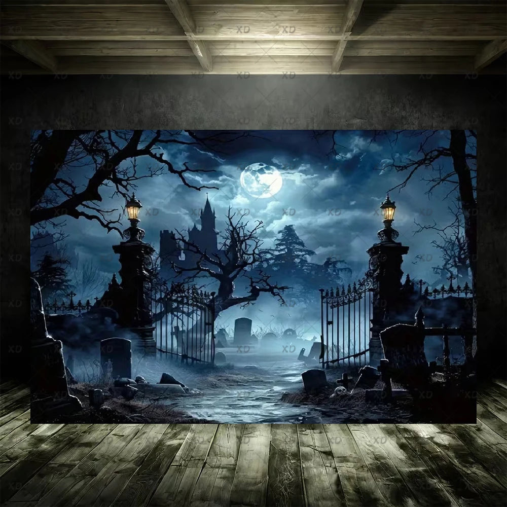 Halloween Spooky Graveyard Backdrop Moonlight Haunted Cemetery Photography Background Party Decoration Photo Booth Banner Props