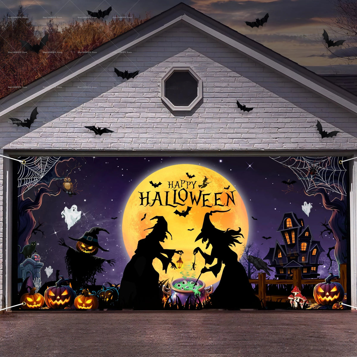 Halloween Skeleton Pumpkin Garage Door Banner Decor Photography Backdrop Outdoor Walls Events Background Props Party Supplies