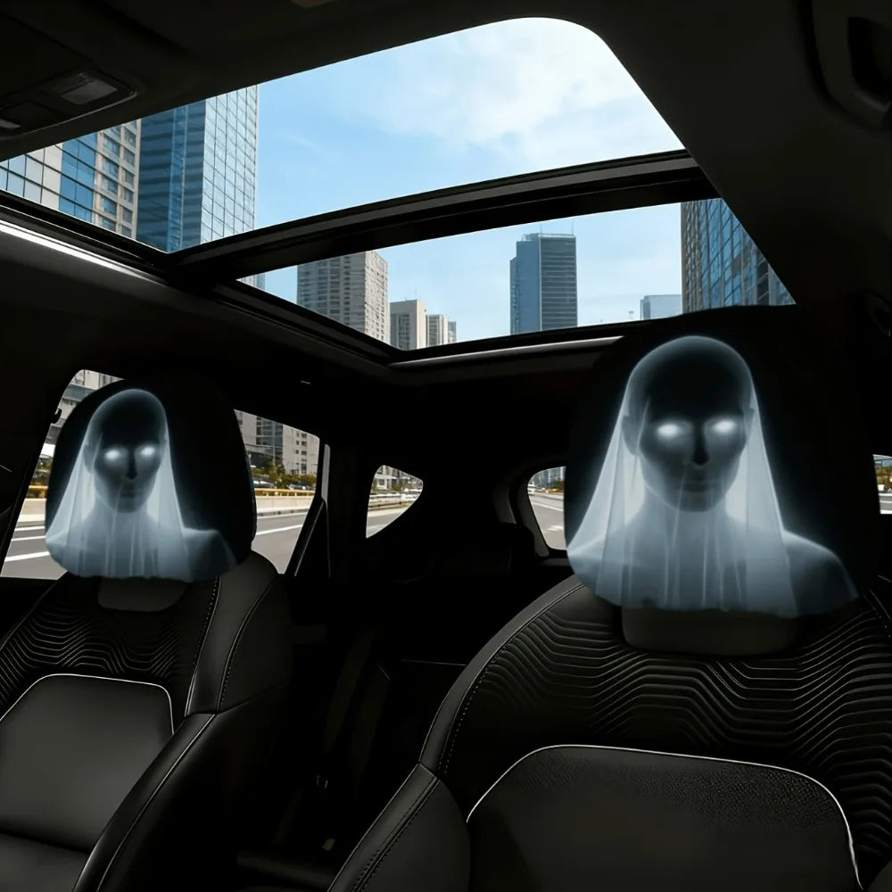 4-pack of Spooky Ghost Bride Headrest Covers with Mysterious Glowing Eyes Car Interior Accessories Washable