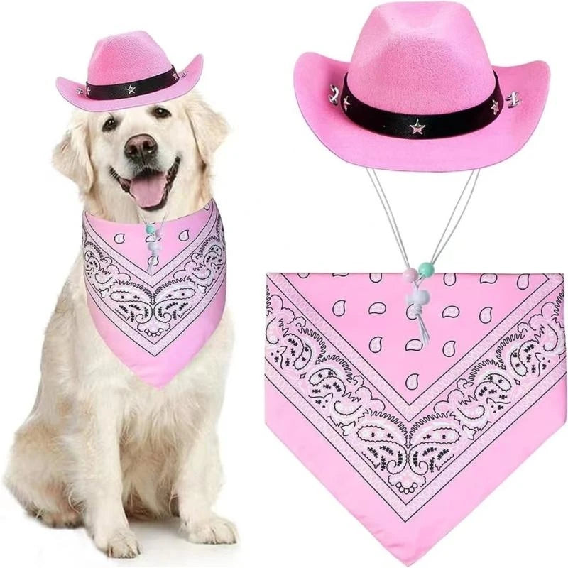 Dog Cowboy Costume Hat Bandanas Set Dogs Adjust Caps Festival Props Outfit