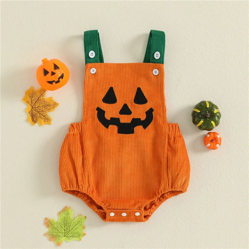 Newborn Toddler Baby Girl Boys Halloween Romper Pumpkin Face Sleeveless Overalls Contrast Color Jumpsuit for Party