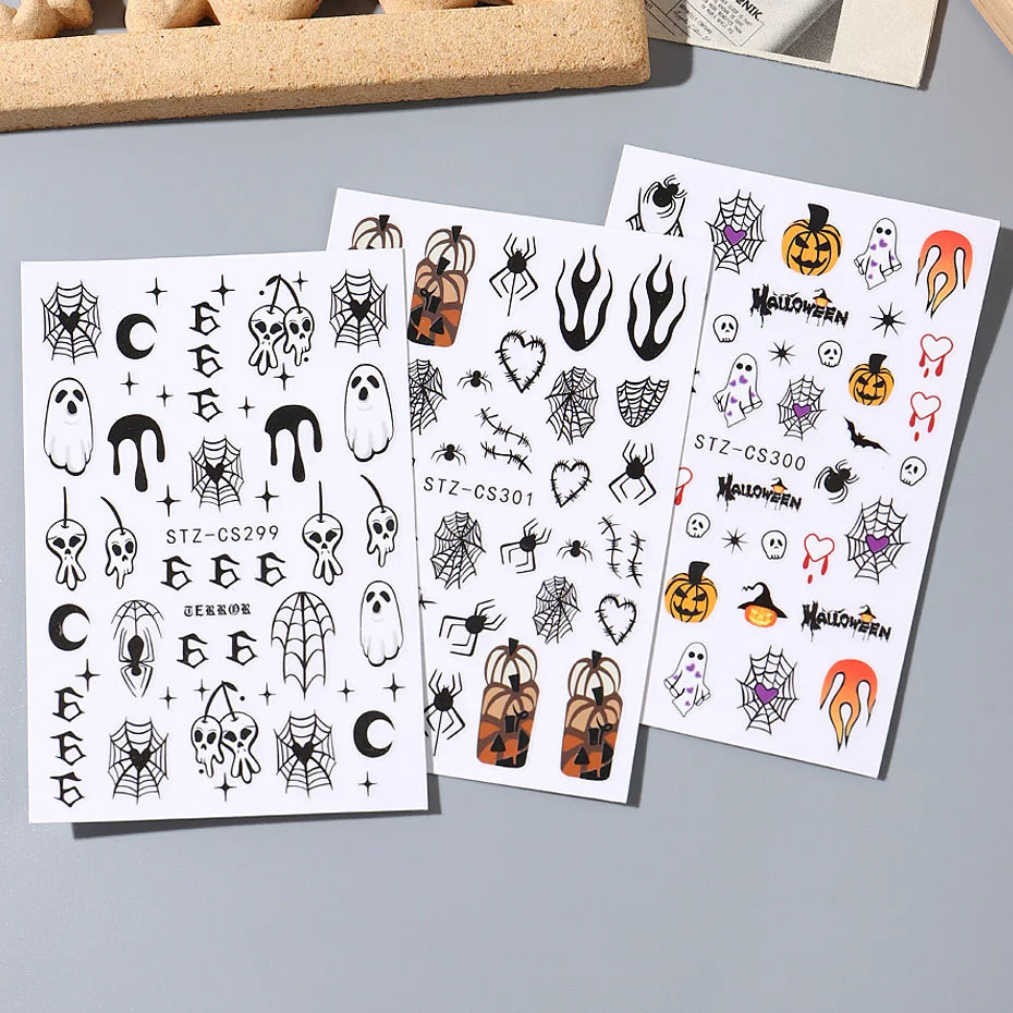 Halloween Stickers for Nails Pumpkin Ghost Skull Design Art Self-Adhesive Spider Web Decals Decoration DIY Manicure Accessories