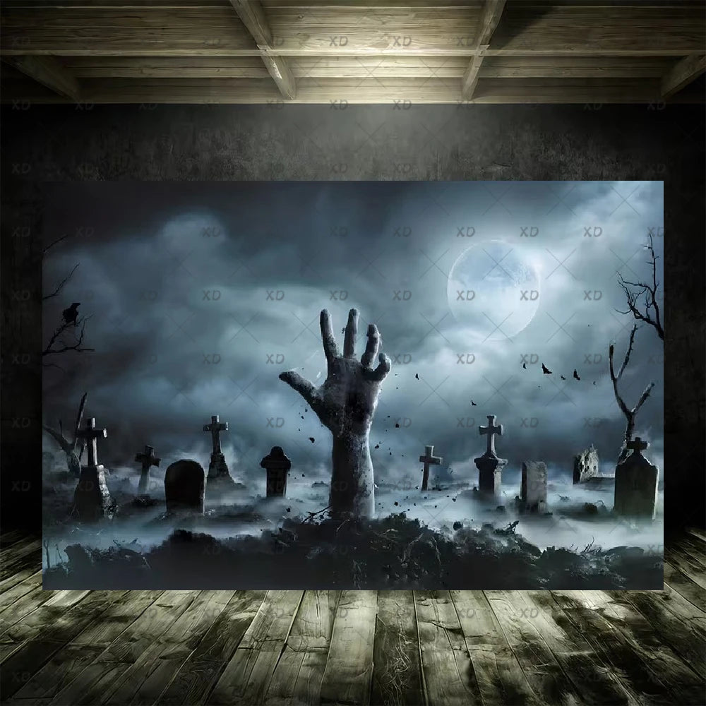 Halloween Spooky Graveyard Backdrop Moonlight Haunted Cemetery Photography Background Party Decoration Photo Booth Banner Props