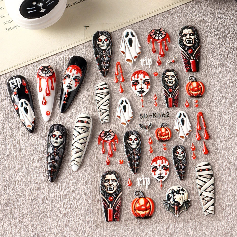 2pcs Halloween Ghost Mummy Blood Nail Stickers Pumpkin Spider Web Lips Bee Design 3D Slider Nail Art Decoration Decals Manicure