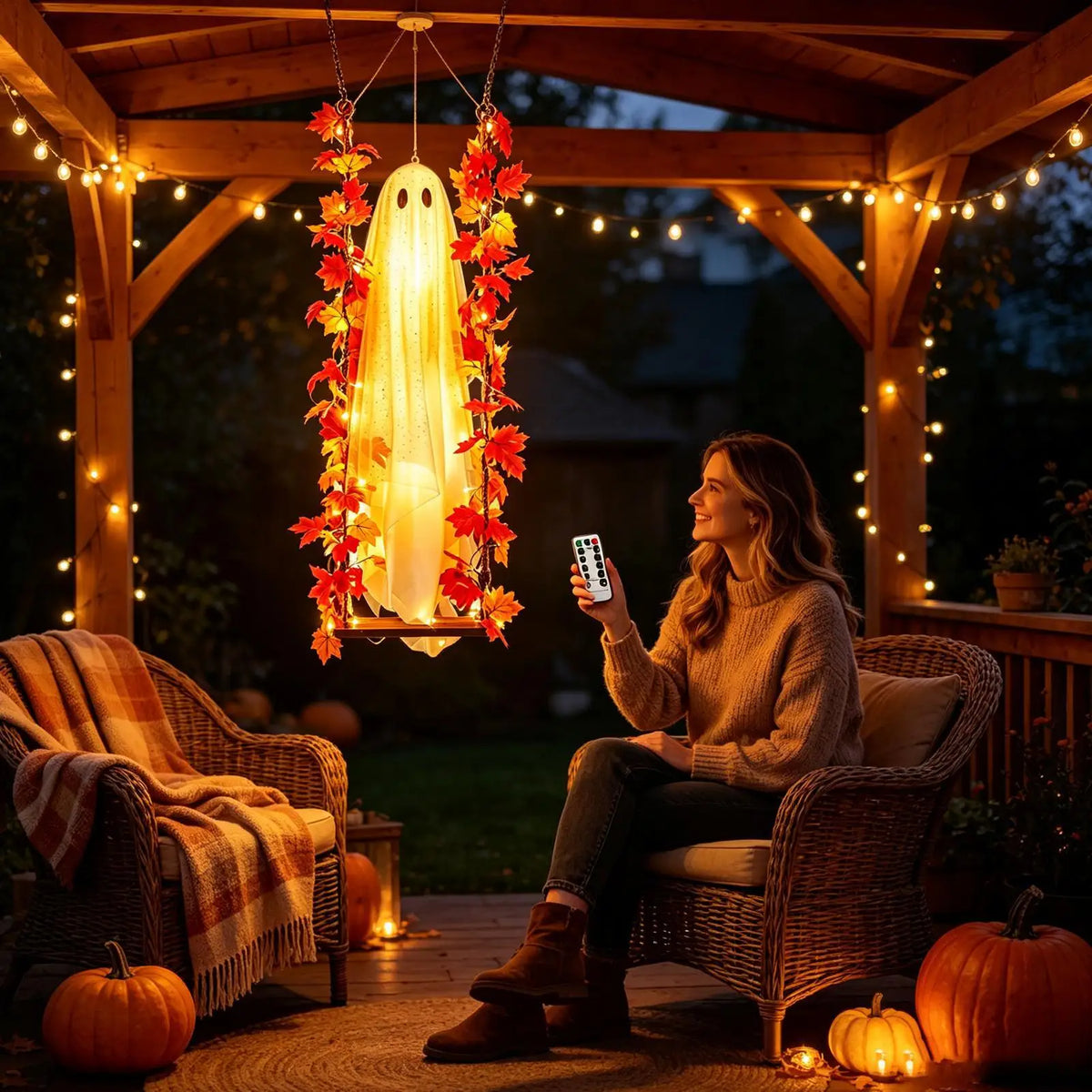 3.94ft Swinging Light Up Ghost Outdoor Yard Decoration Hanging Spooky Prop Tree Porch Garden Halloween Animated Party Supplies