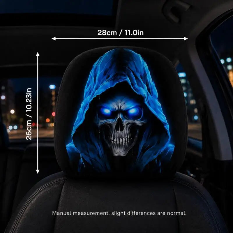 1 Pair-Spooky Blue Skull Car Headrest Covers, Funny Polyester Auto Seat Decor for Car Interior