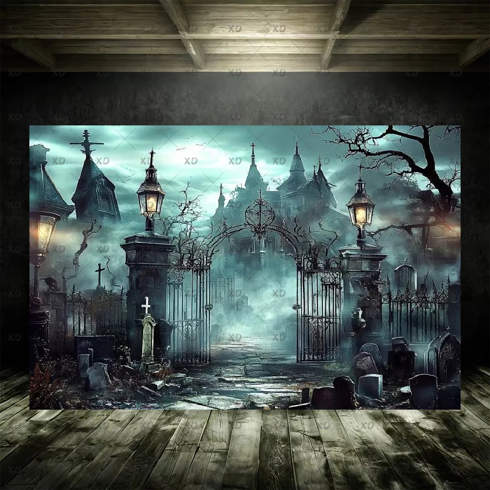 Halloween Spooky Graveyard Backdrop Moonlight Haunted Cemetery Photography Background Party Decoration Photo Booth Banner Props