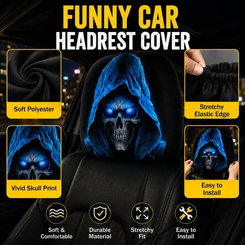 1 Pair-Spooky Blue Skull Car Headrest Covers, Funny Polyester Auto Seat Decor for Car Interior