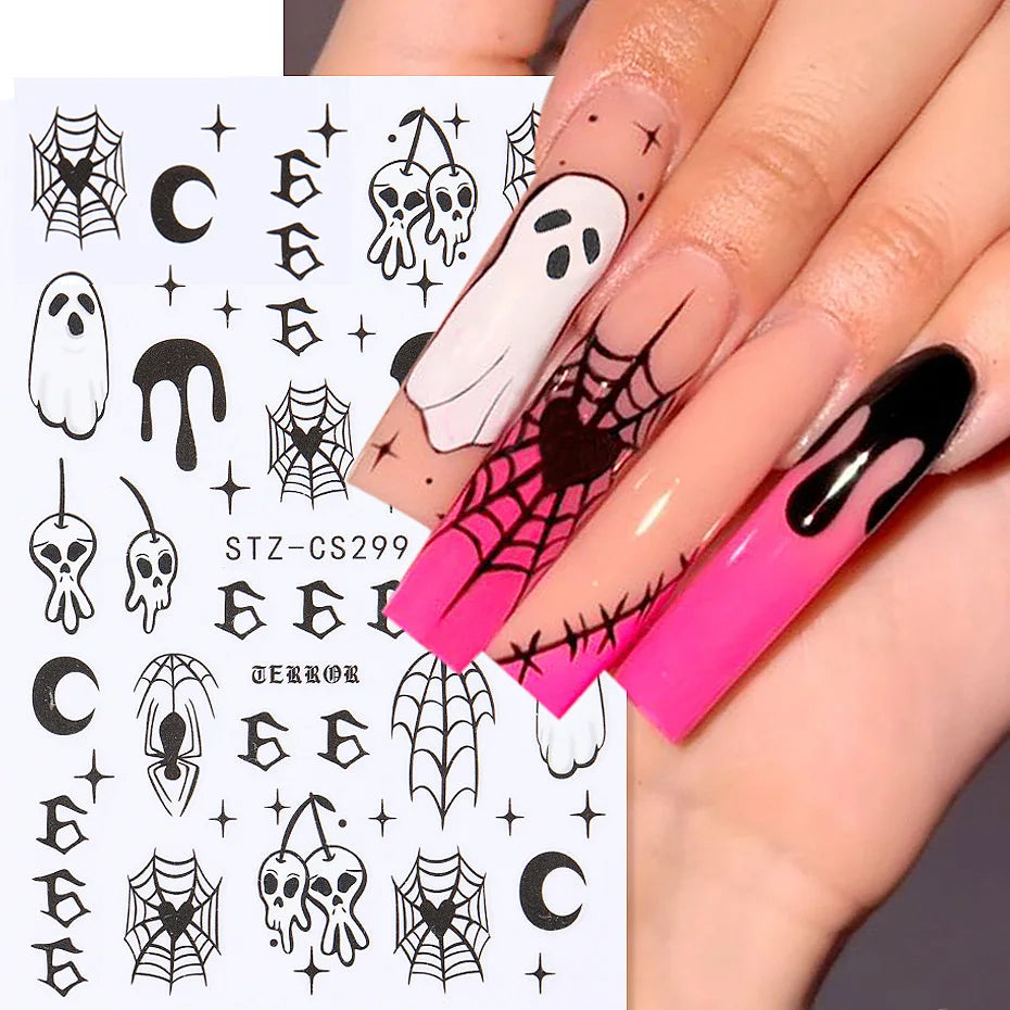 Halloween Stickers for Nails Pumpkin Ghost Skull Design Art Self-Adhesive Spider Web Decals Decoration DIY Manicure Accessories