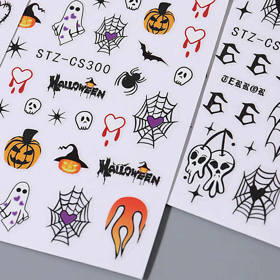 Halloween Stickers for Nails Pumpkin Ghost Skull Design Art Self-Adhesive Spider Web Decals Decoration DIY Manicure Accessories