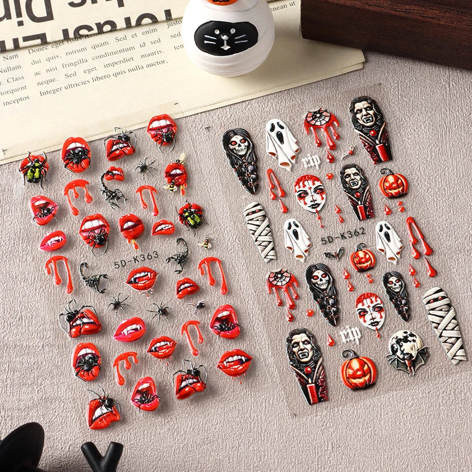 2pcs Halloween Ghost Mummy Blood Nail Stickers Pumpkin Spider Web Lips Bee Design 3D Slider Nail Art Decoration Decals Manicure