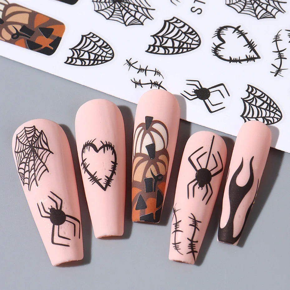 Halloween Stickers for Nails Pumpkin Ghost Skull Design Art Self-Adhesive Spider Web Decals Decoration DIY Manicure Accessories