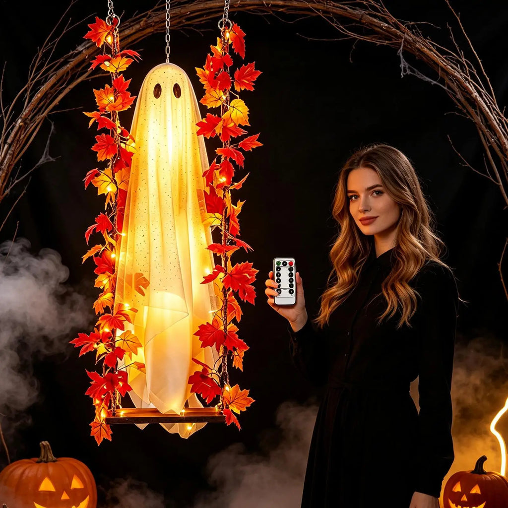 3.94ft Swinging Light Up Ghost Outdoor Yard Decoration Hanging Spooky Prop Tree Porch Garden Halloween Animated Party Supplies