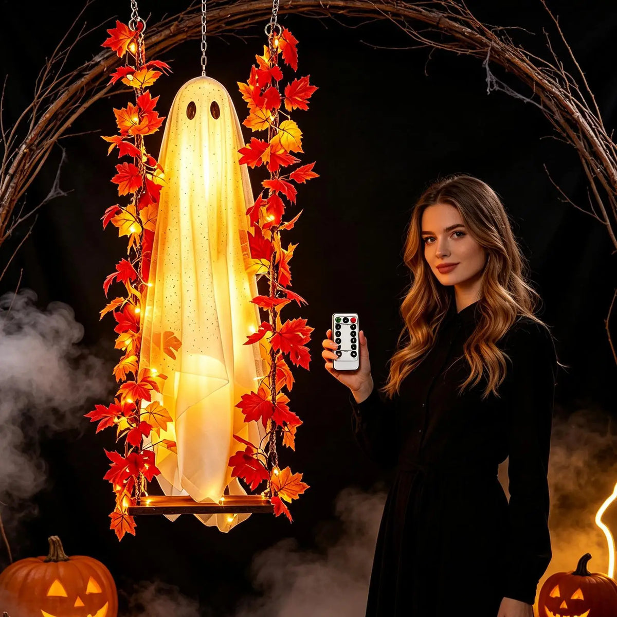 3.94ft Swinging Light Up Ghost Outdoor Yard Decoration Hanging Spooky Prop Tree Porch Garden Halloween Animated Party Supplies