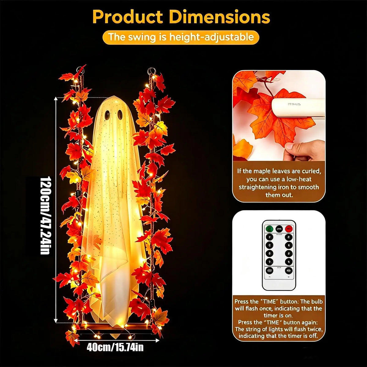 3.94ft Swinging Light Up Ghost Outdoor Yard Decoration Hanging Spooky Prop Tree Porch Garden Halloween Animated Party Supplies