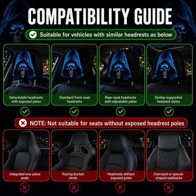1 Pair-Spooky Blue Skull Car Headrest Covers, Funny Polyester Auto Seat Decor for Car Interior