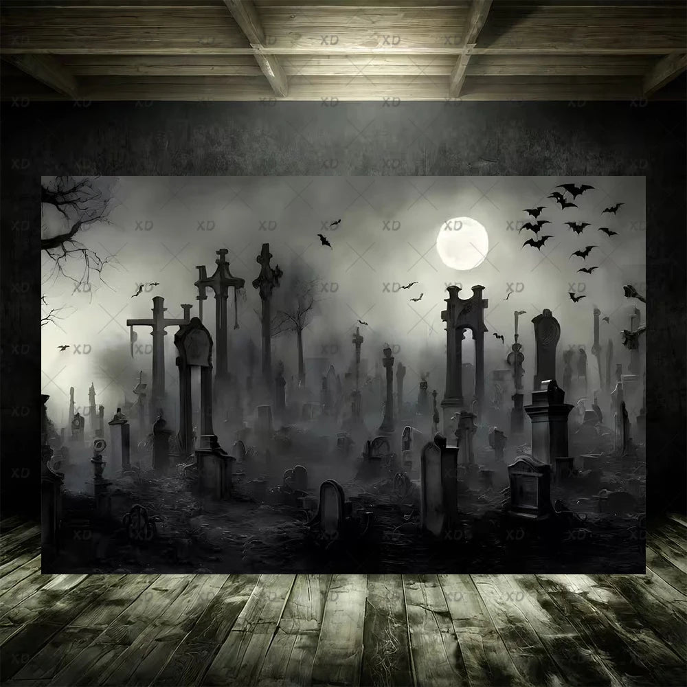 Halloween Spooky Graveyard Backdrop Moonlight Haunted Cemetery Photography Background Party Decoration Photo Booth Banner Props