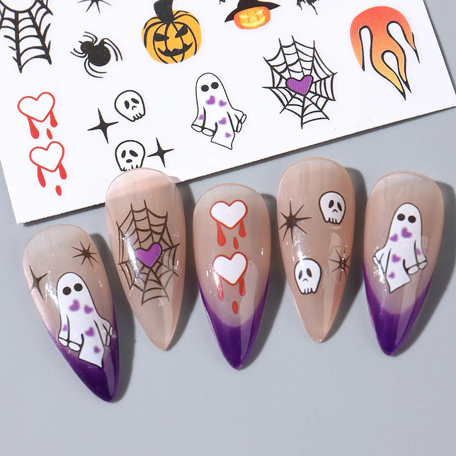 Halloween Stickers for Nails Pumpkin Ghost Skull Design Art Self-Adhesive Spider Web Decals Decoration DIY Manicure Accessories