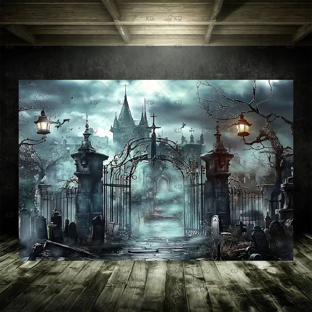 Halloween Spooky Graveyard Backdrop Moonlight Haunted Cemetery Photography Background Party Decoration Photo Booth Banner Props