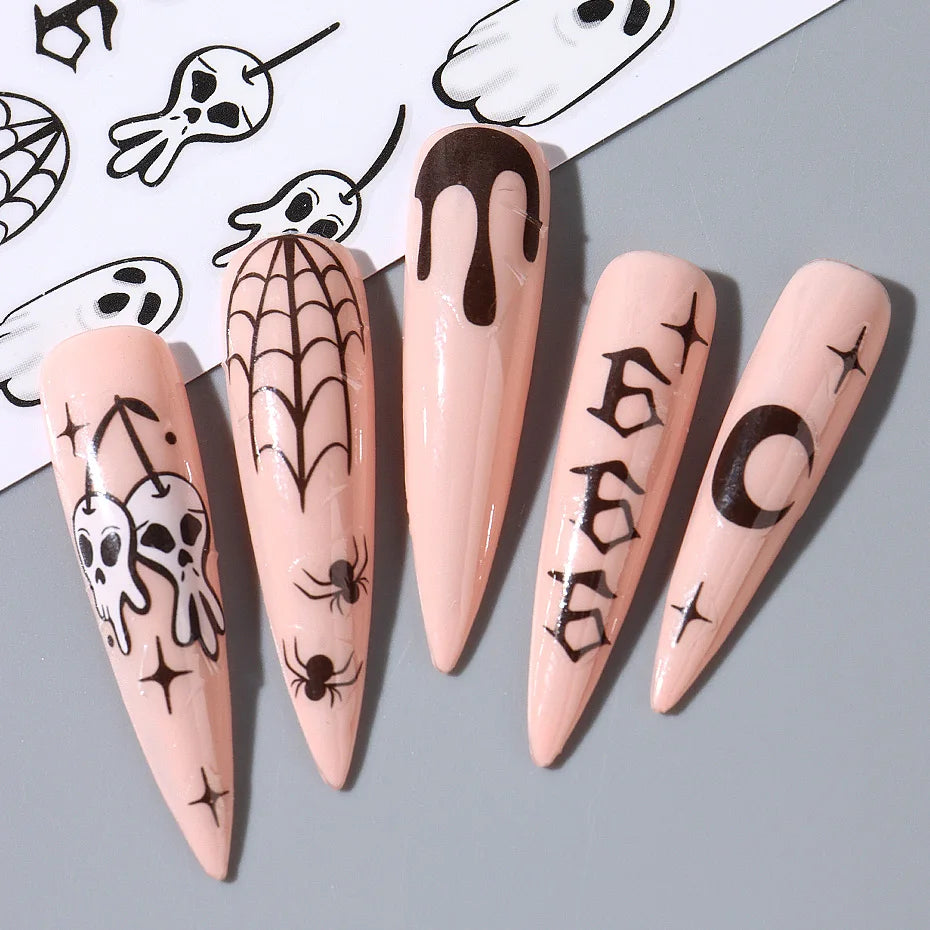 Halloween Stickers for Nails Pumpkin Ghost Skull Design Art Self-Adhesive Spider Web Decals Decoration DIY Manicure Accessories
