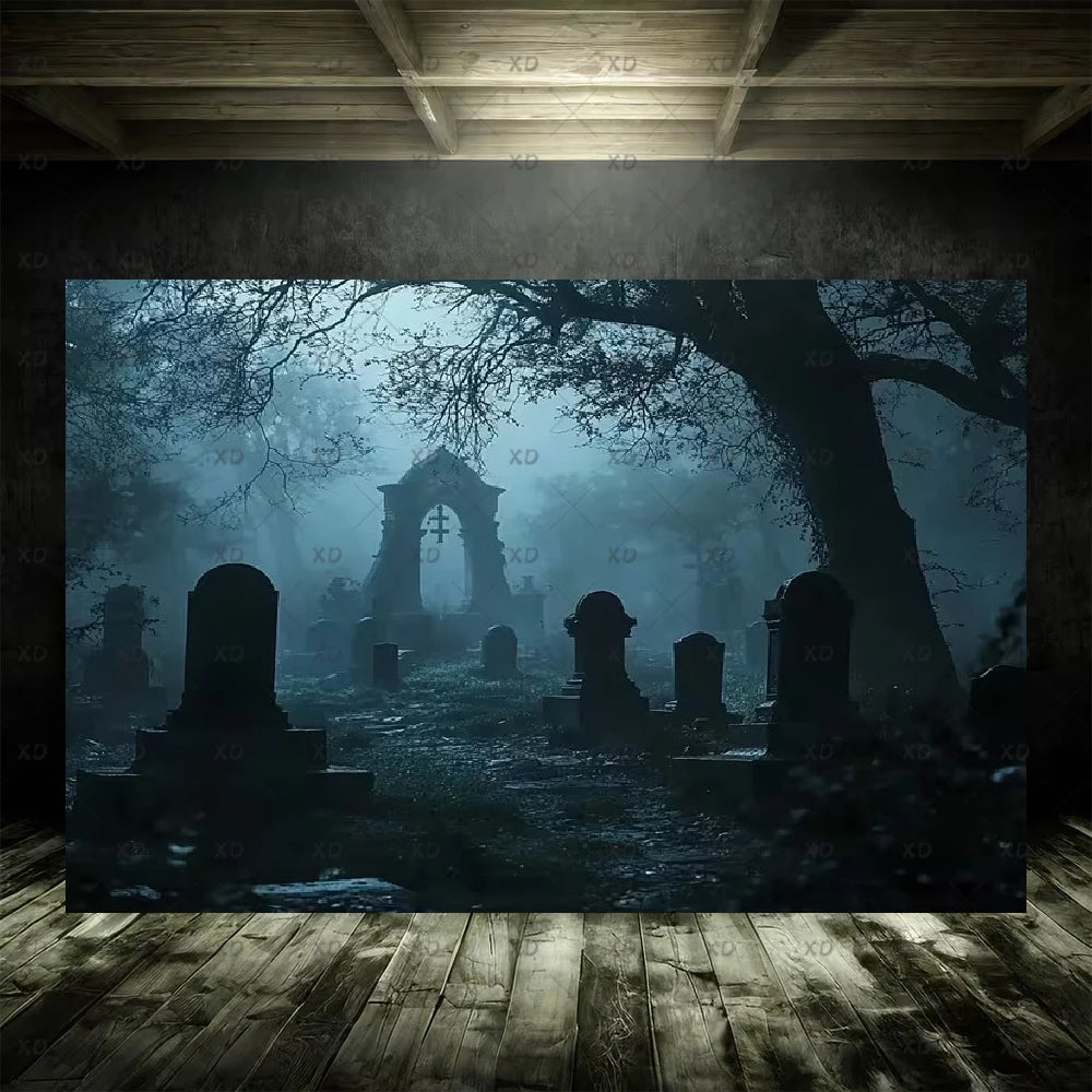 Halloween Spooky Graveyard Backdrop Moonlight Haunted Cemetery Photography Background Party Decoration Photo Booth Banner Props