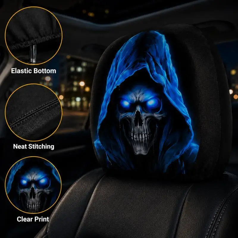 1 Pair-Spooky Blue Skull Car Headrest Covers, Funny Polyester Auto Seat Decor for Car Interior