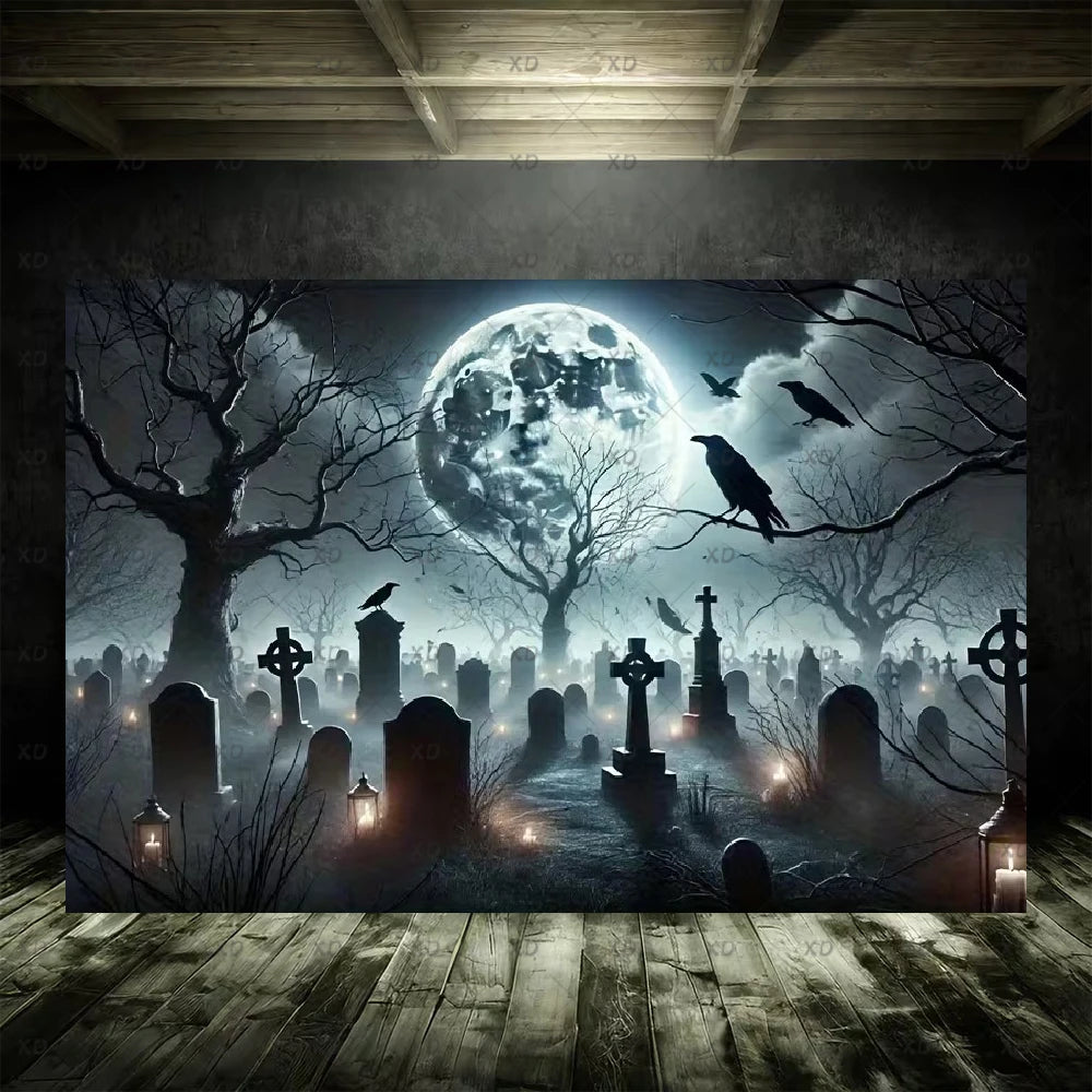 Halloween Spooky Graveyard Backdrop Moonlight Haunted Cemetery Photography Background Party Decoration Photo Booth Banner Props