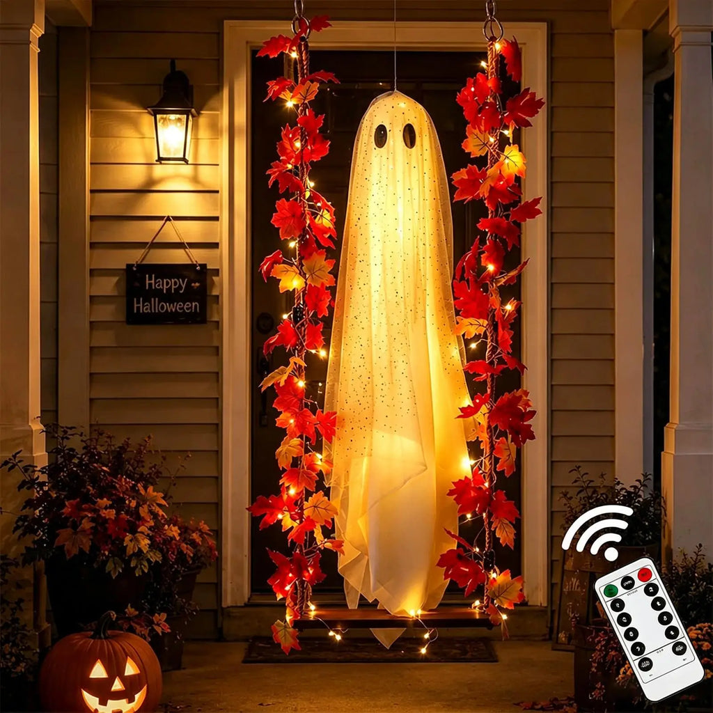 3.94ft Swinging Light Up Ghost Outdoor Yard Decoration Hanging Spooky Prop Tree Porch Garden Halloween Animated Party Supplies