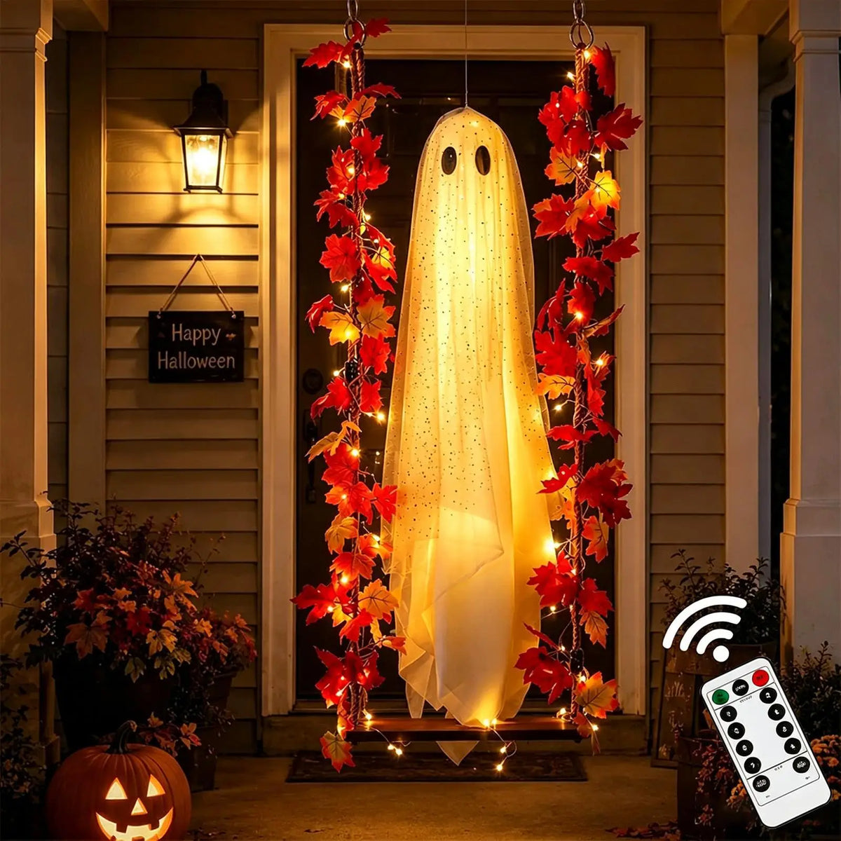 3.94ft Swinging Light Up Ghost Outdoor Yard Decoration Hanging Spooky Prop Tree Porch Garden Halloween Animated Party Supplies