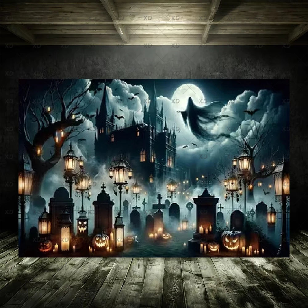Halloween Spooky Graveyard Backdrop Moonlight Haunted Cemetery Photography Background Party Decoration Photo Booth Banner Props