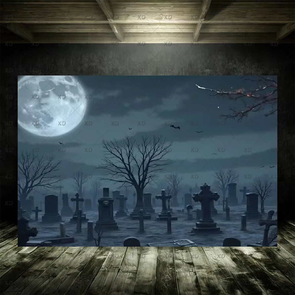 Halloween Spooky Graveyard Backdrop Moonlight Haunted Cemetery Photography Background Party Decoration Photo Booth Banner Props