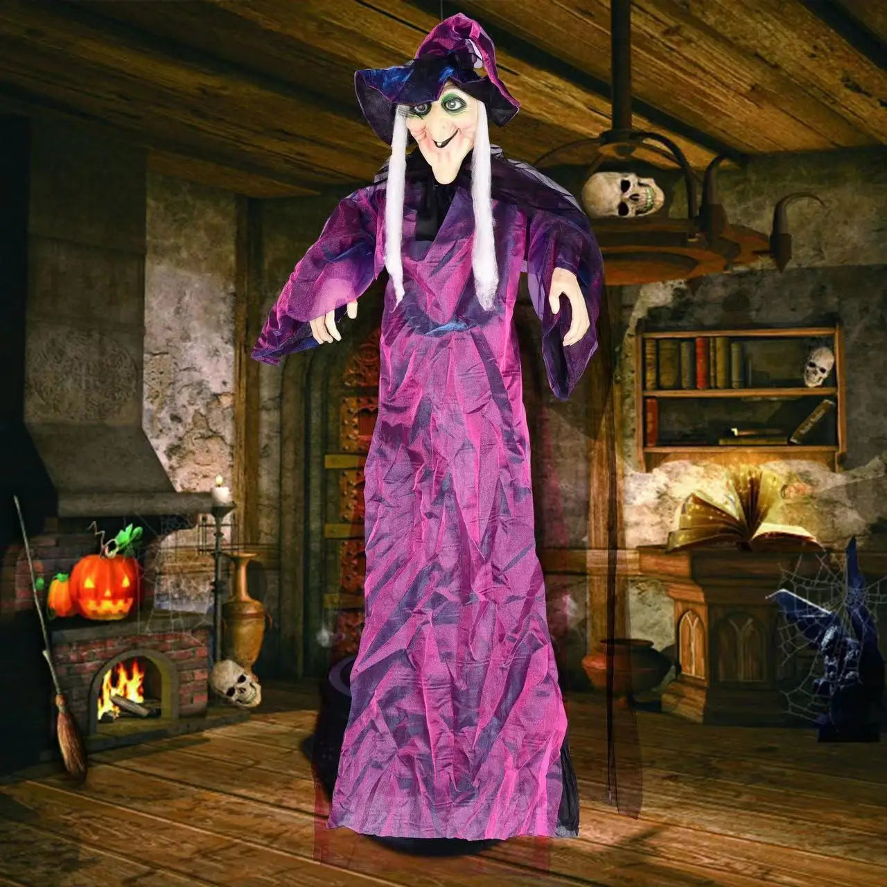 Hanging Halloween Witch with Glowing Eyes (Purple)