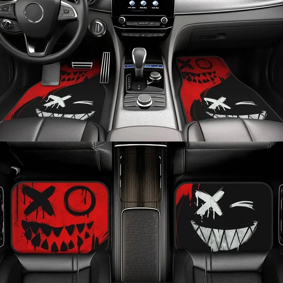 4pcs Car Floor Mats Set Halloween Spooky Smile Design Non-Slip Waterproof Universal Wear Front Rear Interior Accessories Rugs
