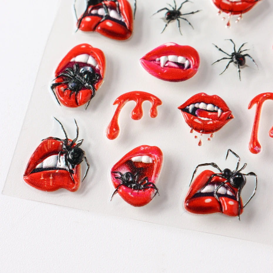 2pcs Halloween Ghost Mummy Blood Nail Stickers Pumpkin Spider Web Lips Bee Design 3D Slider Nail Art Decoration Decals Manicure