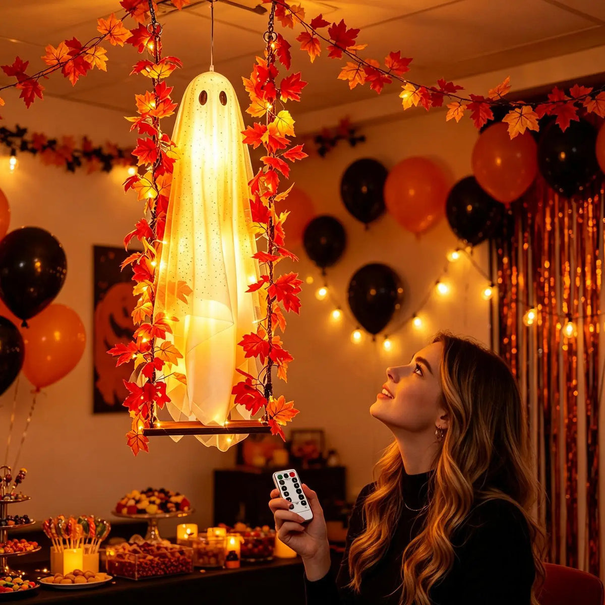 3.94ft Swinging Light Up Ghost Outdoor Yard Decoration Hanging Spooky Prop Tree Porch Garden Halloween Animated Party Supplies