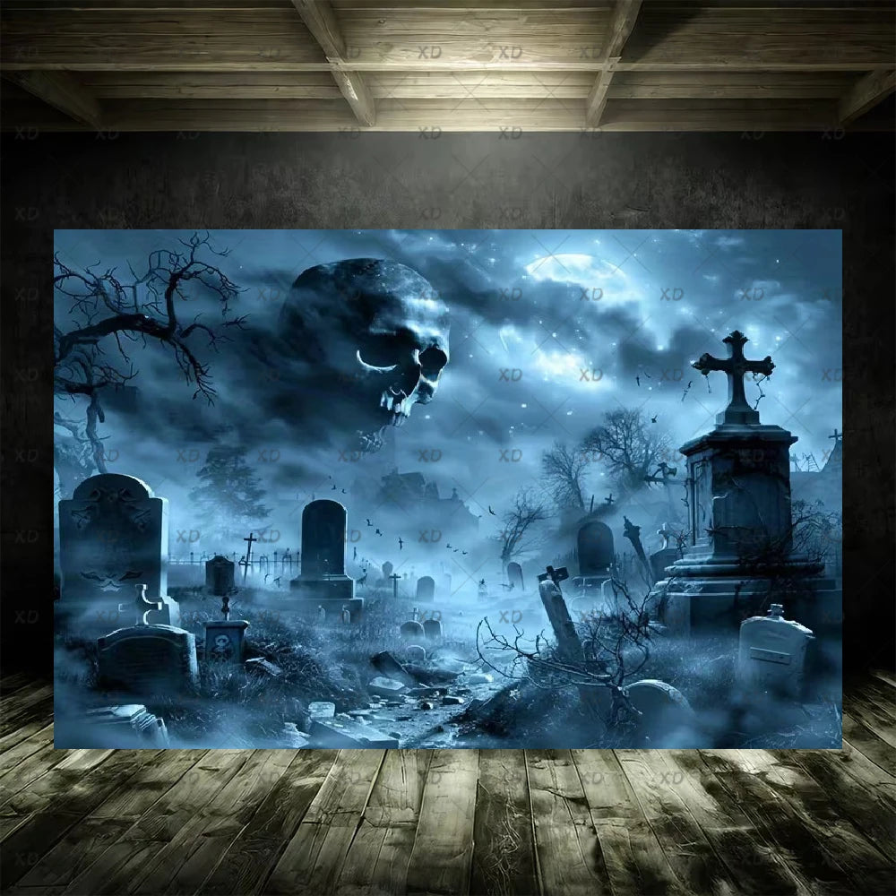 Halloween Spooky Graveyard Backdrop Moonlight Haunted Cemetery Photography Background Party Decoration Photo Booth Banner Props