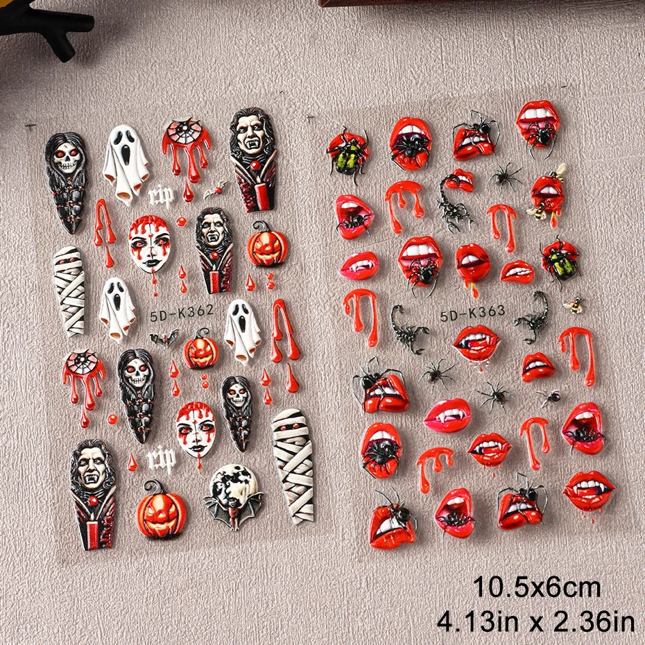 2pcs Halloween Ghost Mummy Blood Nail Stickers Pumpkin Spider Web Lips Bee Design 3D Slider Nail Art Decoration Decals Manicure