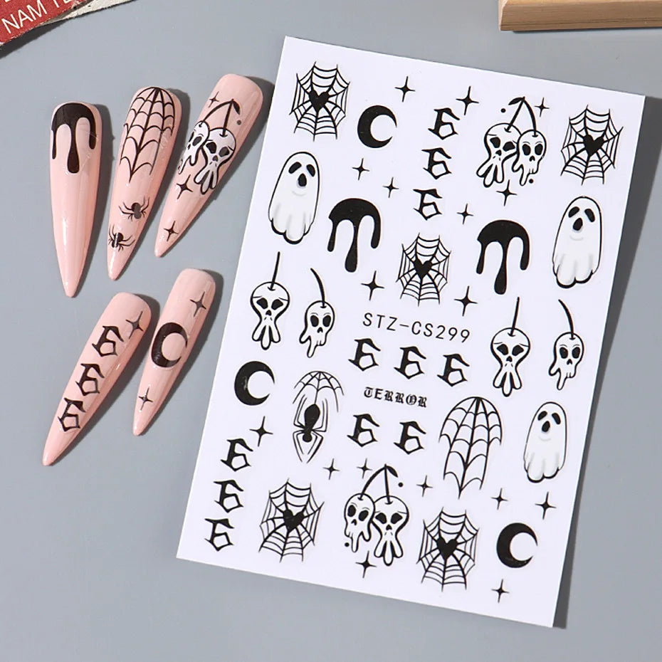 Halloween Stickers for Nails Pumpkin Ghost Skull Design Art Self-Adhesive Spider Web Decals Decoration DIY Manicure Accessories
