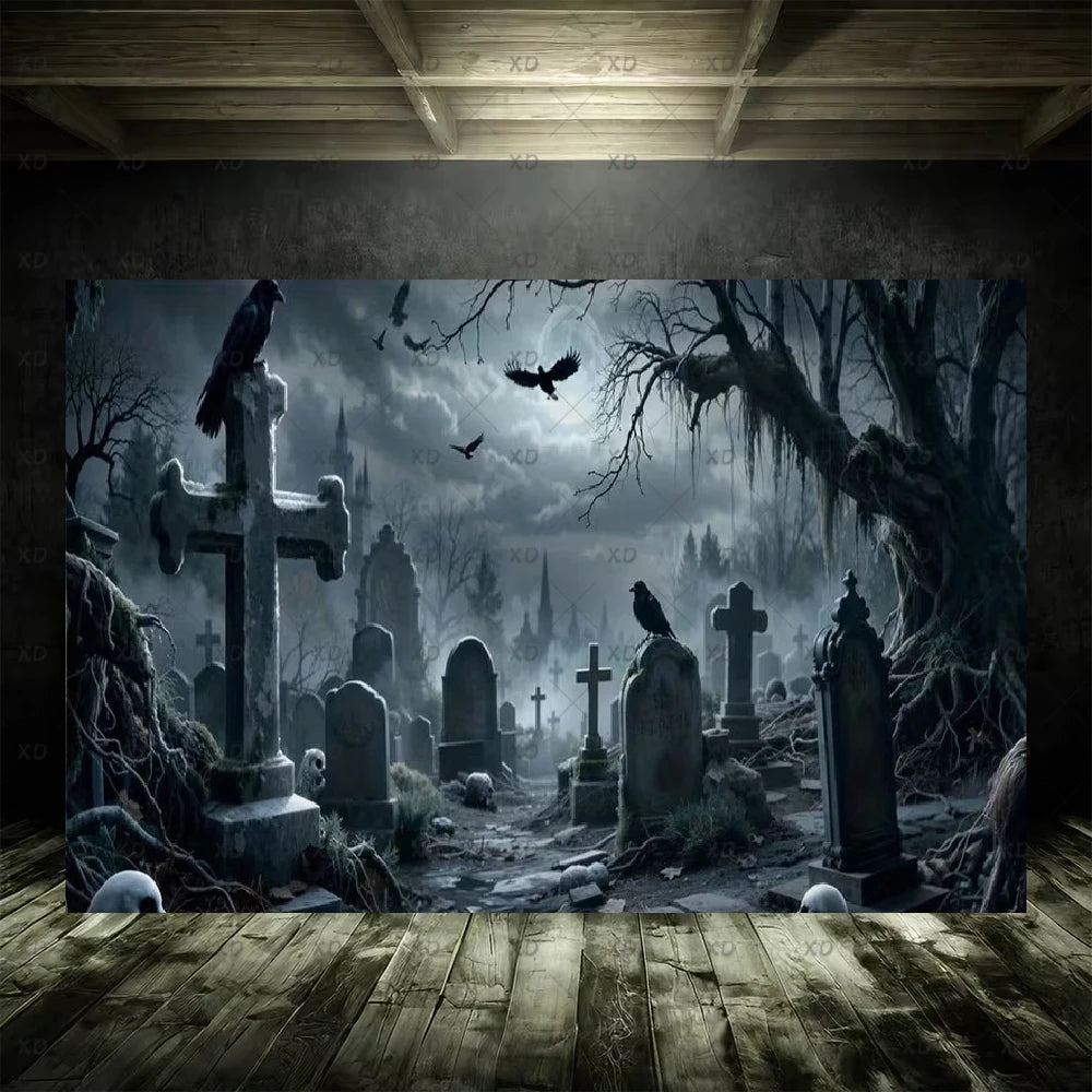 Halloween Spooky Graveyard Backdrop Moonlight Haunted Cemetery Photography Background Party Decoration Photo Booth Banner Props