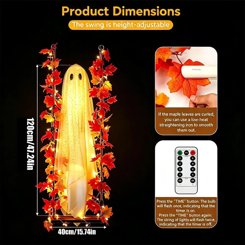 3.94ft Swinging Light Up Ghost Outdoor Yard Decoration Hanging Spooky Prop Tree Porch Garden Halloween Animated Party Supplies
