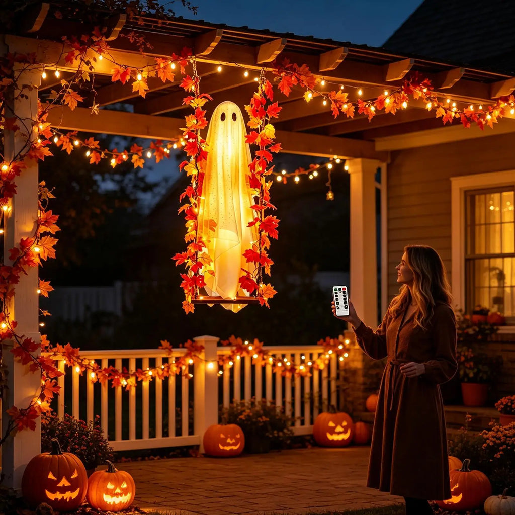 3.94ft Swinging Light Up Ghost Outdoor Yard Decoration Hanging Spooky Prop Tree Porch Garden Halloween Animated Party Supplies