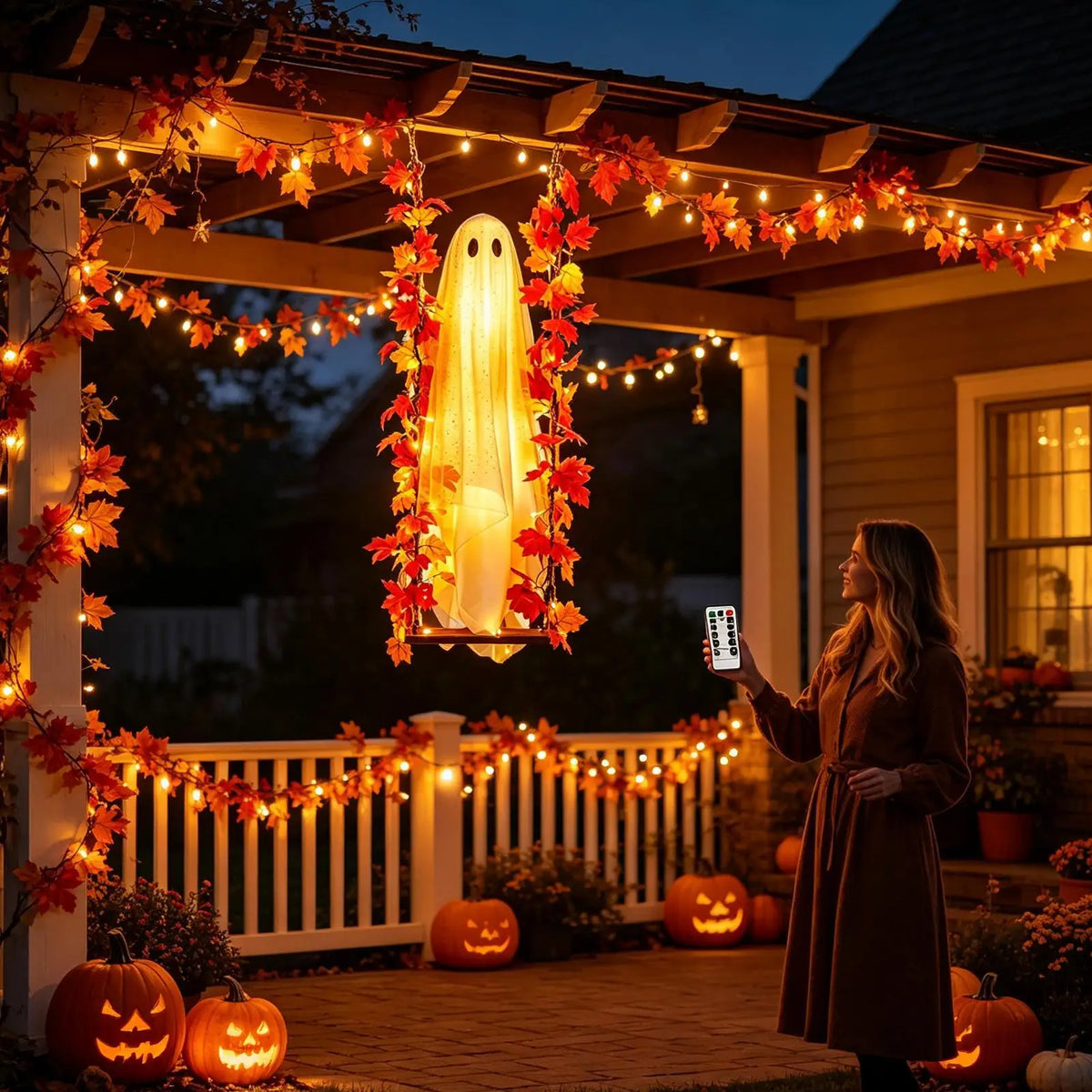 3.94ft Swinging Light Up Ghost Outdoor Yard Decoration Hanging Spooky Prop Tree Porch Garden Halloween Animated Party Supplies