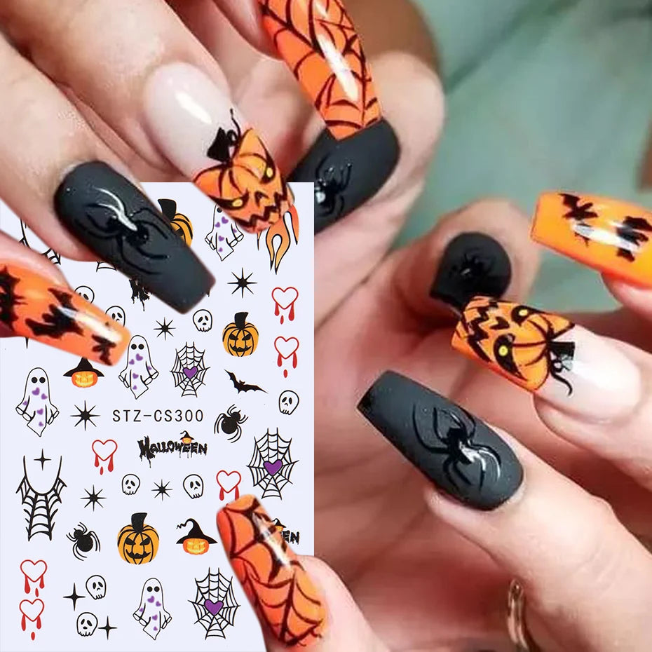 Halloween Stickers for Nails Pumpkin Ghost Skull Design Art Self-Adhesive Spider Web Decals Decoration DIY Manicure Accessories