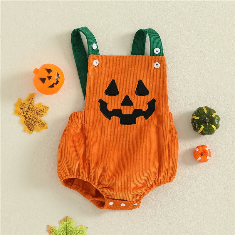 Newborn Toddler Baby Girl Boys Halloween Romper Pumpkin Face Sleeveless Overalls Contrast Color Jumpsuit for Party